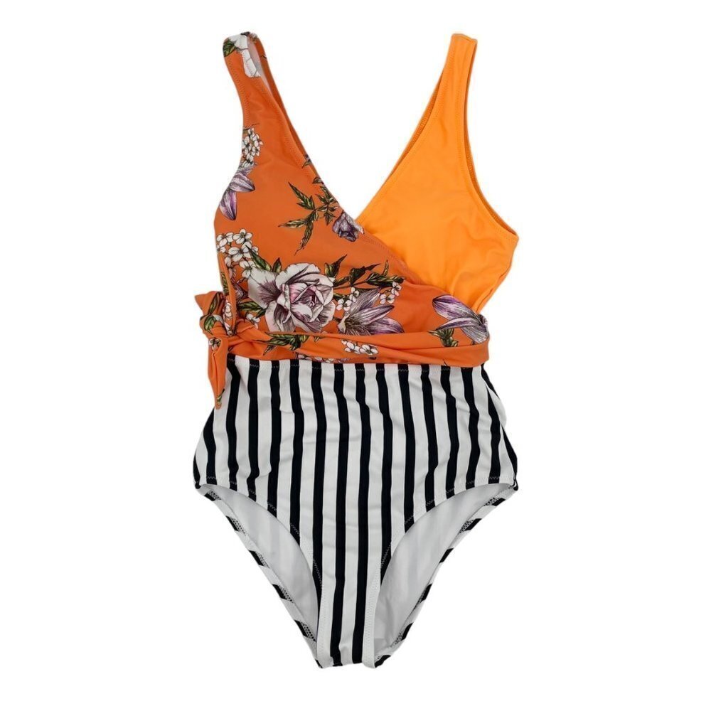 Cupshe Orange Floral Striped Mixed Print Belted One Piece Swimsuit Womens XS - Picture 1 of 11